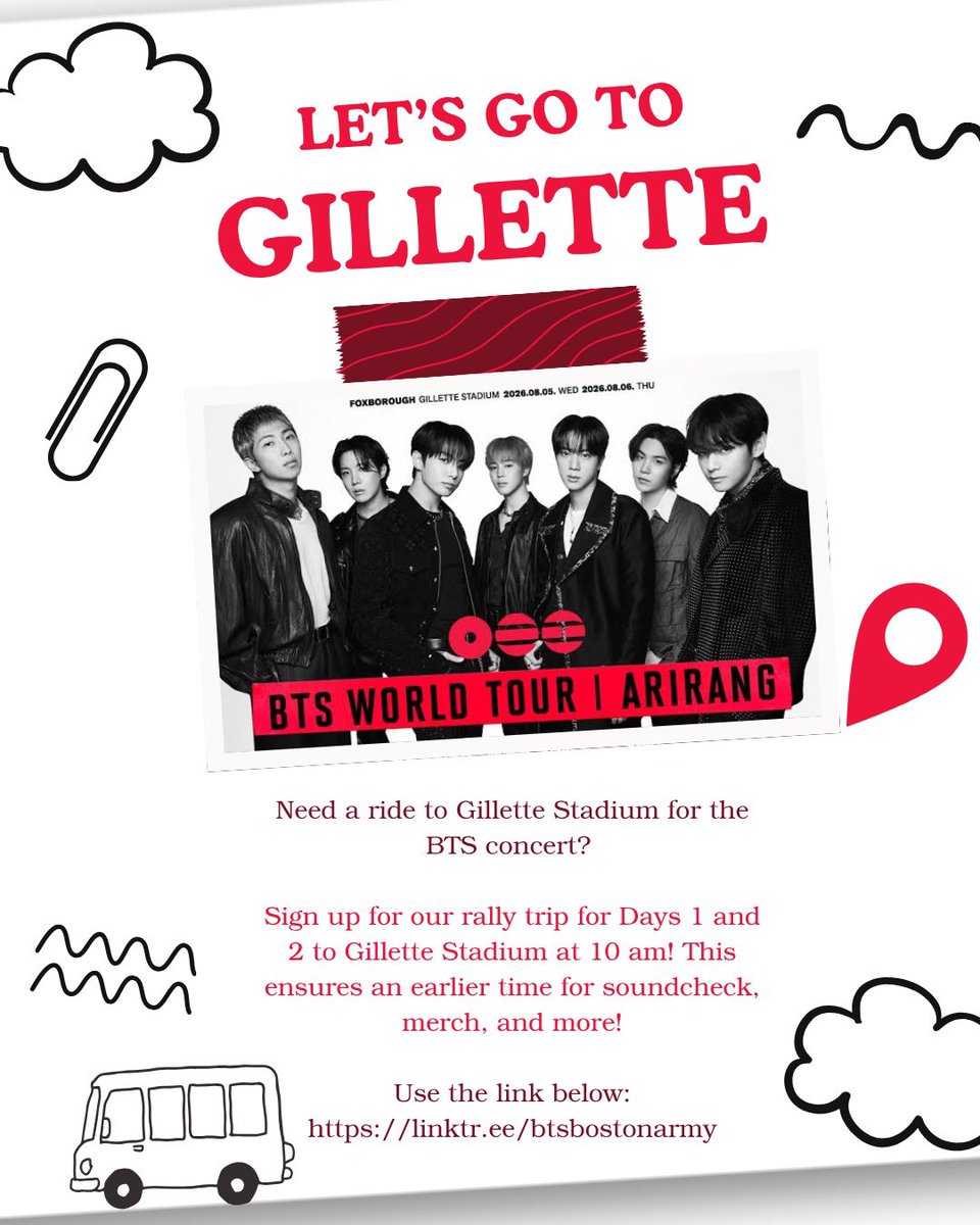 BTSARMY_Boston's tweet photo. 🚨 We need your help, Boston ARMY! 🚌💜

Our Gillette Stadium rally trip can only happen if we have at least 44 people per trip. If we don’t reach the minimum, the bus company will cancel that trip.

If you’re planning to attend the BTS concert and need transportation, please sign up as soon as possible. Not only will you have a ride, but you’ll also arrive early enough for soundcheck, merch, and all the pre-concert fun!

Every sign-up helps us keep this trip running. 💜

📍 Minimum: 44 people per trip
🗓️ Available for Day 1 & Day 2
🔗 Sign up through the link in our bio!

Let’s fill those seats and get to Gillette together! 🚌✨
#BTS #BTS_ARİRANG #BTSGILLETTESTADIUM #Foxborough