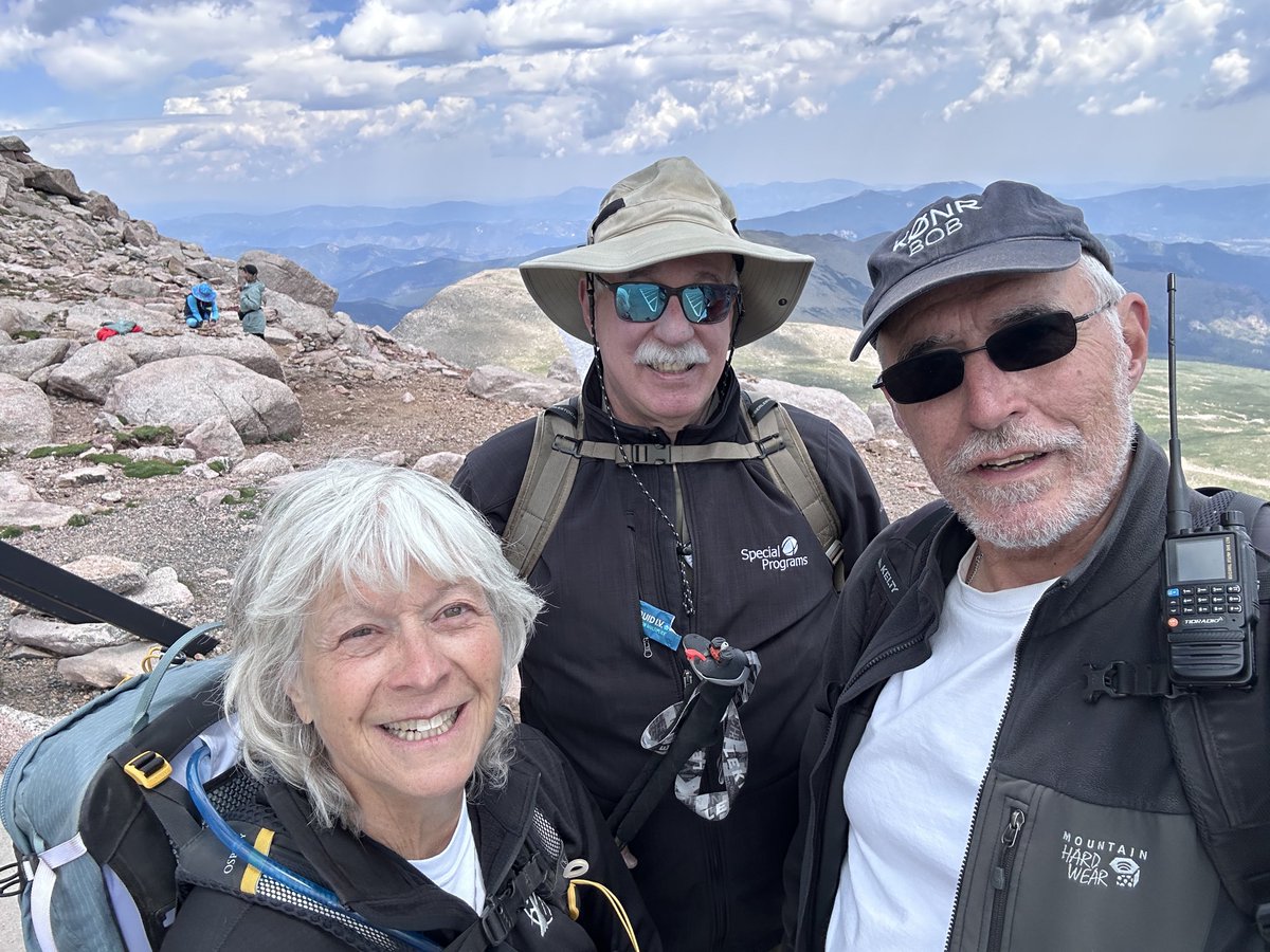 K0NR's tweet photo. Day 2 of the Colorado 14er & Mountaintop Event. Joyce/K0JJW, Roy/N9APL, Bob/K0NR on Mount Blue Sky (Mt Evans), W0C/FR/003 https://t.co/M2S5ZUmf0T