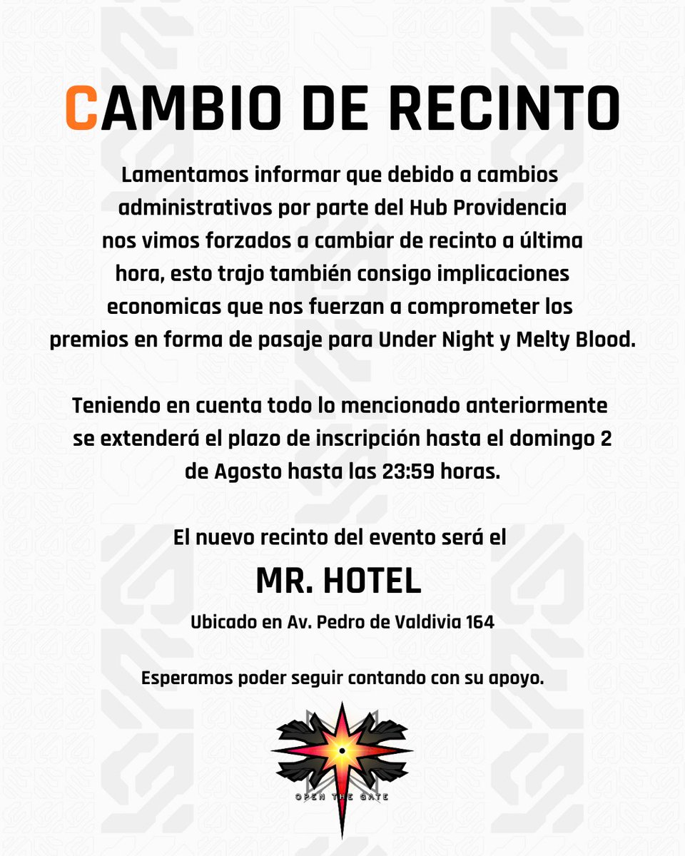OpenTheGatesCL's tweet photo. 🚨¡¡¡ANUNCIO IMPORTANTE!!!🚨

Por motivos administrativos, hemos sido forzados a cambiar de venue. 

Open The Gate se realizará en Mr. Hotel (ex Hotel Neruda) ubicado en Av. Pedro de Valdivia 164 a solo pasos de la estación de metro Pedro de Valdivia. https://t.co/MSFQqzDZ81