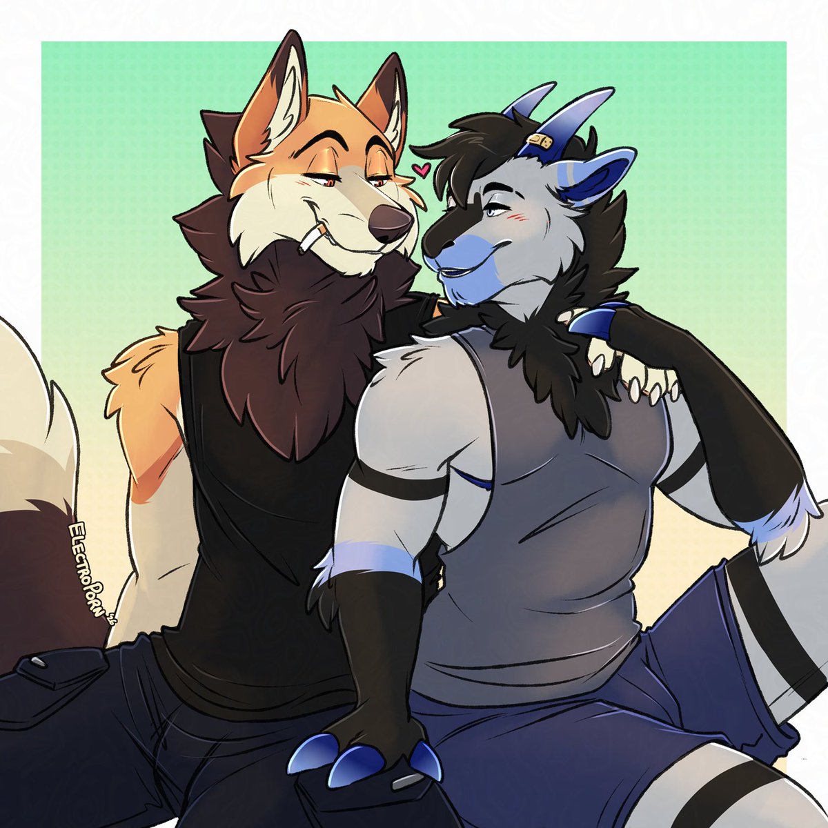 Electro_Porn's tweet photo. Quick artfight revenge piece for @pupsonar featuring their goat sona and their husband's coyote sona lookin cute together! 🩵 https://t.co/knnSX8rd0W