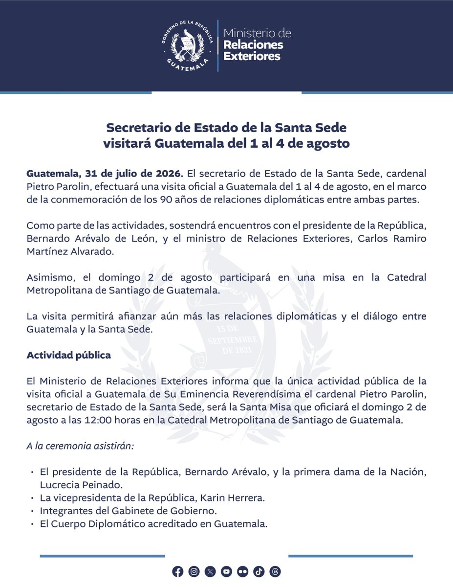 MinexGt's tweet photo. Secretario de Estado de la Santa Sede visitará Guatemala del 1 al 4 de agosto.

#Comunicado 🔗 https://t.co/7KZLIWmdvQ https://t.co/cijrOIJVlh
