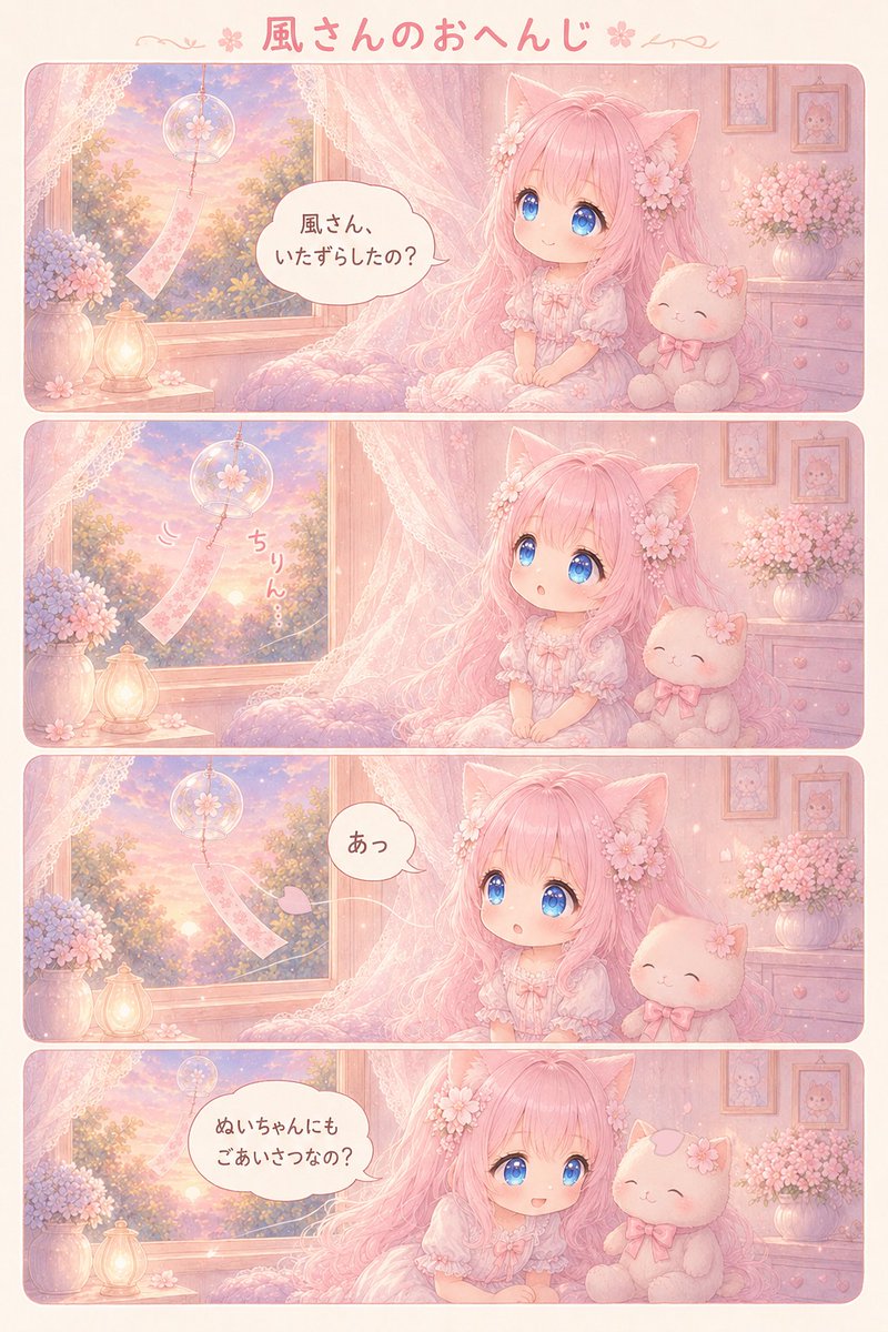 MoelleuxMew's tweet photo. 昨日YouTube shortに投稿した「風のいたずら」の続き漫画です🌸
カーテンをふわりと揺らした風さんに、
「いたずらしたの?」とたずねるChibi Miu。
#AIイラスト #4コマ漫画 #猫耳少女 #ChibiMiu https://t.co/VNX7icSP4X