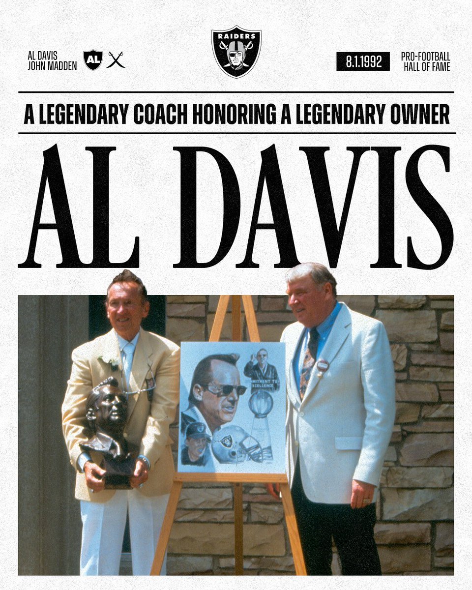 Raiders's tweet photo. On this day, the @ProFootballHOF honored a visionary who helped redefine professional football. 

Al Davis was a true legend, a maverick, a giant among giants, a star among stars, a hero, a mentor, and a friend. 

No one has had a more profound and lasting impact on pro football.

Read more ➡️ https://t.co/ybaGaxSPs6
Full speech ➡️ https://t.co/Qiv7TKpaYV