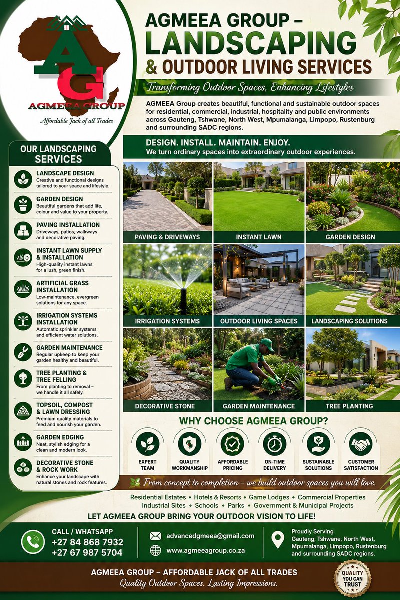 AGMEEA1's tweet photo. AGMEEA Group – Landscaping &amp; Outdoor Living Service
🌿 Bring your outdoor vision to life with AGMEEA Group. We create stunning landscapes with paving, garden design, instant lawn installation, irrigation systems, artificial grass, tree planting, and complete outdoor living. https://t.co/WI3Ql8m82K