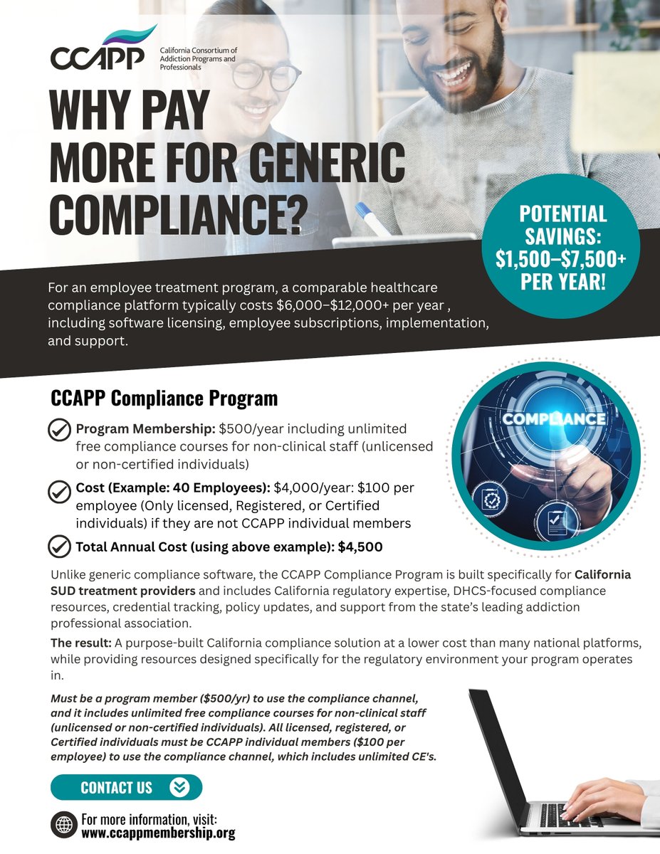 CCAPP4U's tweet photo. Treatment programs: are you overpaying for compliance?

Save $1,500-$7,500+ annually with a compliance solution built specifically for California SUD providers.

Learn more at the CCAPP Membership website or by contacting us today!

#ccappstrong #compliance https://t.co/M7XFxVcWNN