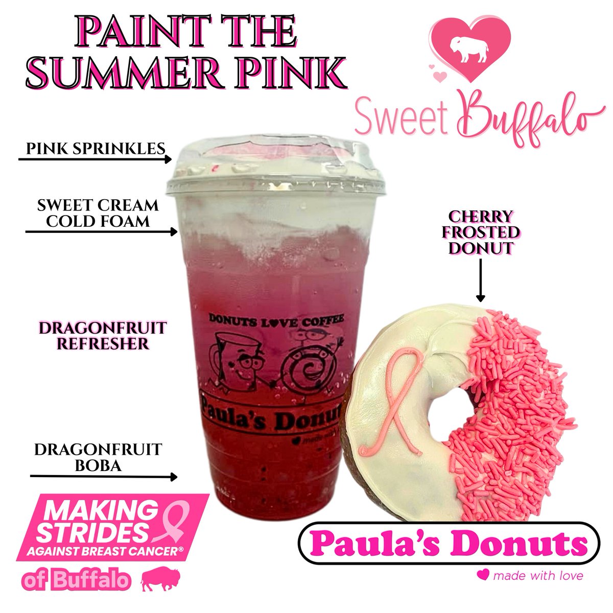PaulasDonuts's tweet photo. Join us Painting the Summer Pink with @SweetBuffalo  & Making Strides Buffalo !

50% of the sales of our Dragonfruit Refresher and Cherry Frosted Donuts will be donated! 8/1-8/31/26.

Order online for a quick pick-up: https://t.co/g5NVtQcarW

#paintthesummerpink #pinkdrink #cherrydonut #sweetbuffalo #makingstrides #breastcancerawareness #FCancer