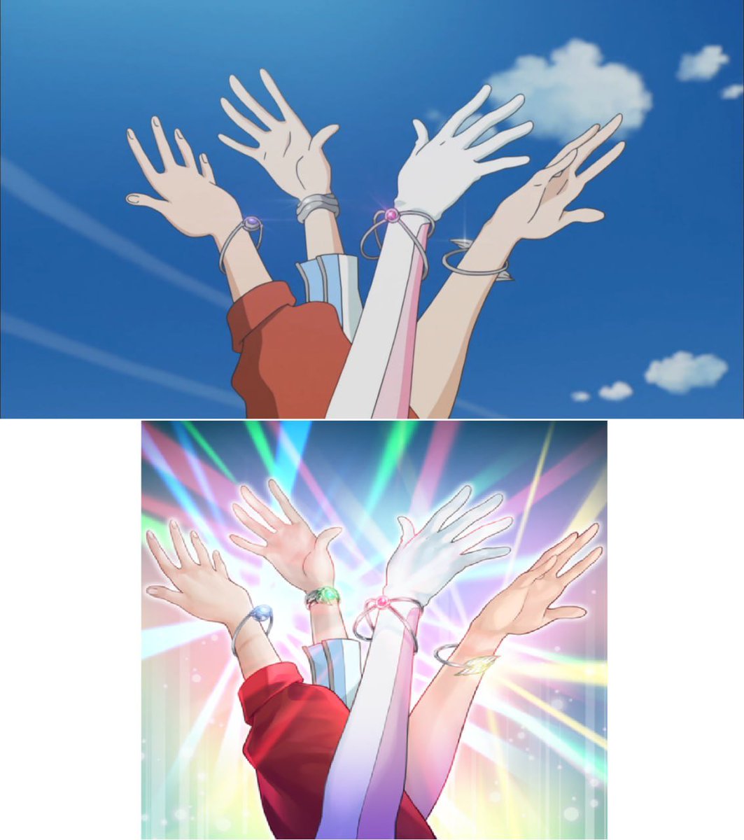 YuseiFudo292501's tweet photo. The shot from the fourth Japanese ending theme, featuring the raised arms of Yuzu Hiragi/Zuzu Boyle, Ruri Kurosaki/Lulu Obsidian, Rin &amp; Serena/Celina, each wearing her own bracelet in Yu-gi-oh! ARC-V Ending 4 Speaking and Song, Ice, Grace, and Moon/Kahyoreigetsu Artwork https://t.co/M31QhwrkX2