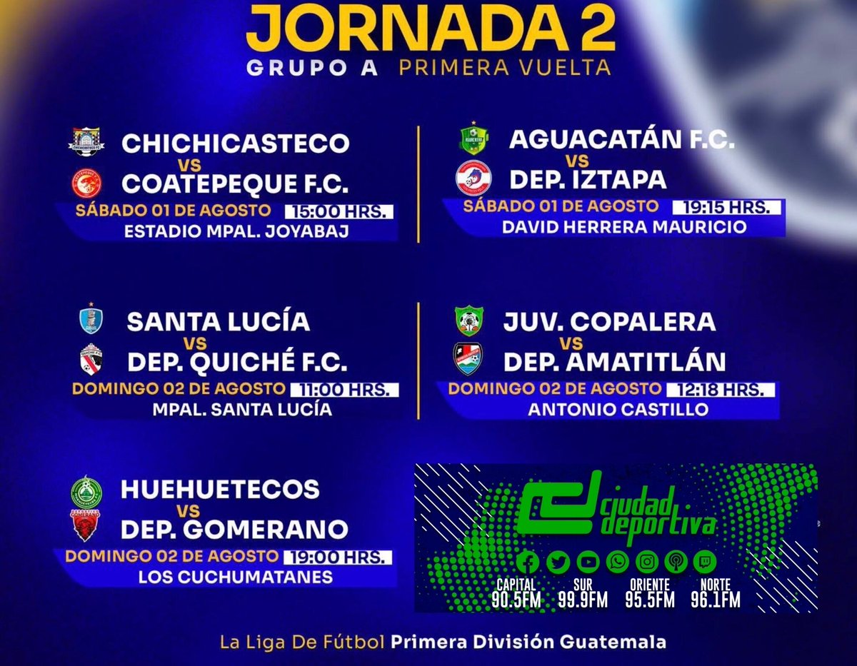 CdDeportiva_gt's tweet photo. ¡🗣️ PROGRAMACIÓN FECHA 2️⃣ TORNEO APERTURA DE LIGA NACIONAL!
#CDGT #VamosGuate https://t.co/WjYKvLHkeh