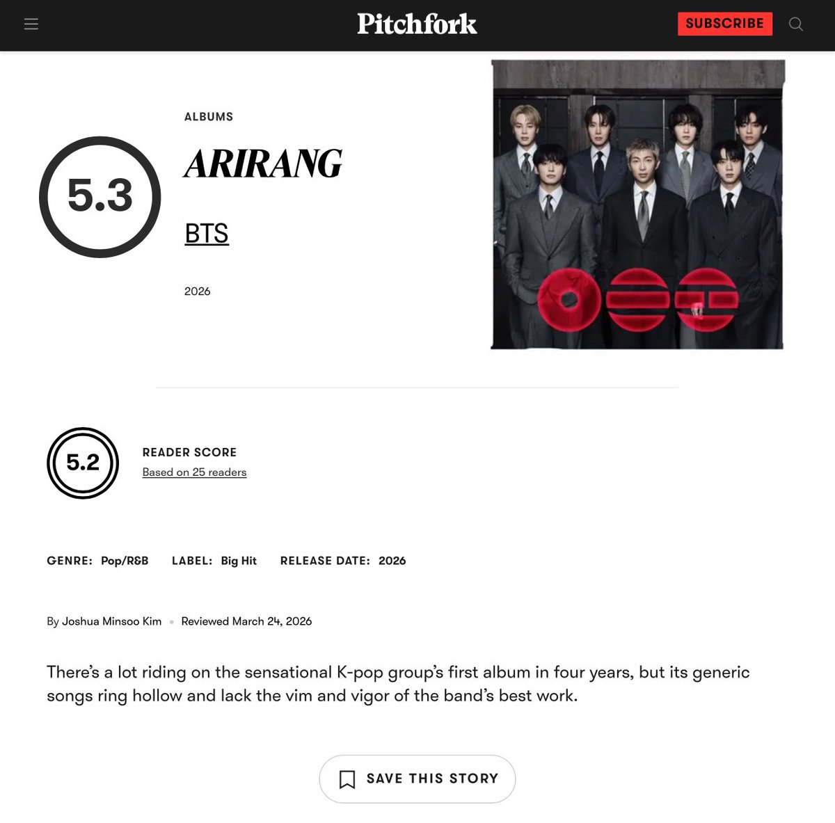 a6xutg's tweet photo. BTS「アリラン」、米Pitchfork「5.3点」厳しい評価「彼らの崩壊の響き」

「4年ぶりとなるこのアルバムには、世界的人気を誇るK-POPグループとして大きな期待がのしかかっていた。だが、並んだ楽曲はいずれも凡庸で中身が薄く、彼らのベストワークにあったような生命力や躍動感は感じられない。」 https://t.co/eSTPIkzTan