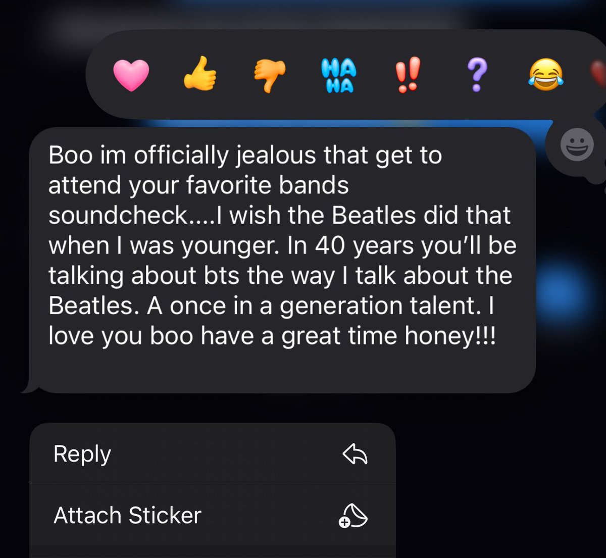 cherrytryst's tweet photo. i’m tipsy and just wanna show the text my dad just sent me. crying bc he might ‘pull my chain’ but he GETS IT. he was and IS a beatles fanboy just like im forever a bangtan girly :’) https://t.co/C9RJ4pfn0T
