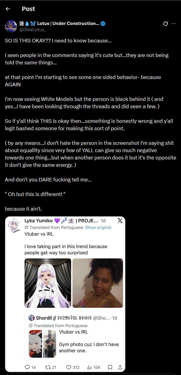 Kebble_n_Bits's tweet photo. Atleast someone is seeing the hypocrisy.

Again idc what your skin tone is irl compared to your FOX girl or DEMON boy or whatever.
That shit dont matter to me imo. https://t.co/rOplWuUQEI