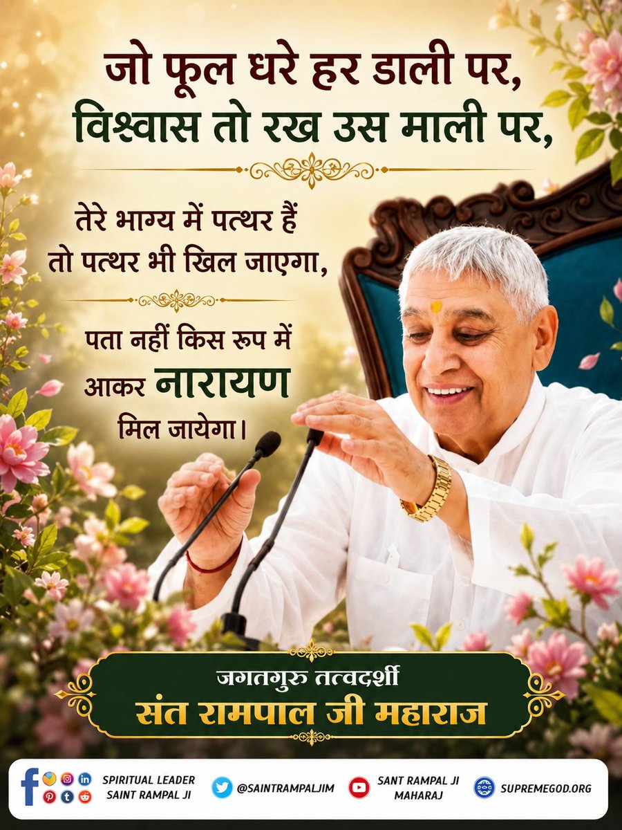vinod_sahu1993's tweet photo. #GodMorningSaturday
#सत_भक्ति_संदेश ___________🌺🌺

जो फूल धरे हर डाली पर, विश्वास तो रख उस माली पर, तेरे भाग्य में पत्थर हैं तो पत्थर भी खिल जाएगा, पता नहीं किस रूप में आकर नारायण मिल जायेगा।
🙇 🙇 
जगतगुरु तत्वदर्शी संत रामपाल जी महाराज https://t.co/VQKJOgWQ6F