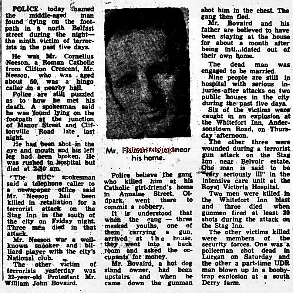 Hannyhas's tweet photo. #Remembered 1/8/1976, William (John) Bovaird, 32, Protestant, engaged, hot dog stand owner murdered by UDA, shot at Catholic girlfriend`s home, Annalee St, Oldpark, Belfast, N. Ireland. Wes Stewart, Ken Kelly &amp; 2 jailed. Claimed it was a robbery as "corner shop was too busy" #OTD https://t.co/gqJz9zp0GG
