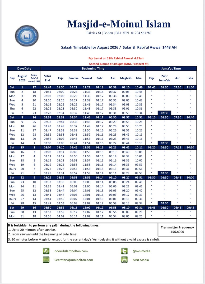 MNIMedia's tweet photo. Śalāh Timetable For August 2026

#mnibolton #mmibolton #salahtimetable https://t.co/dgcxTBJyBa