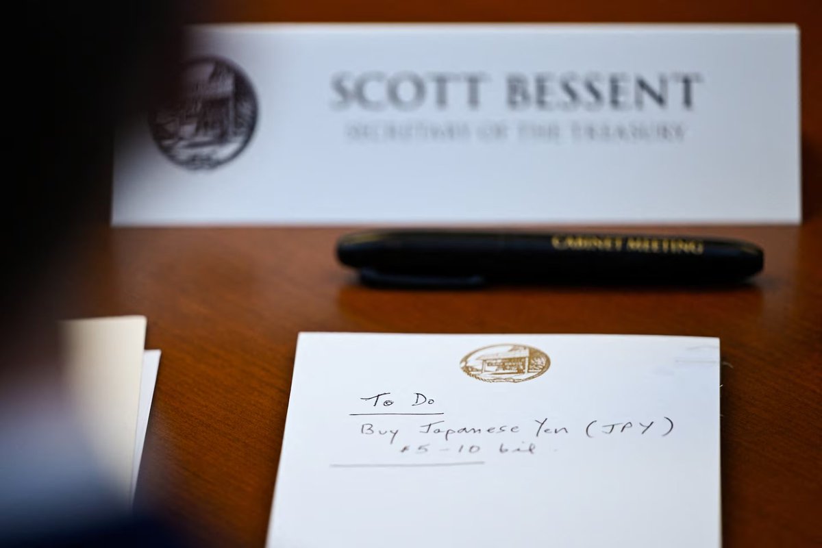MarioNawfal's tweet photo. 🚨🇺🇸 A camera caught Bessent's Camp David notepad reading "Buy Japanese Yen $5-10 bil."

-The photo was taken over the Treasury Secretary's shoulder at 11:33 a.m. during the on-the-record portion of Trump's cabinet meeting, showing an underscored "To Do" followed by "Buy Japanese Yen (JPY) $5-10 bil"

-It surfaced after Reuters reported Treasury had told a number of banks, through the New York Fed, that it might step into the yen market that day and should "stand ready for future action"

-The yen had been scraping four-decade lows, trading as weak as 163.65 to the dollar Thursday before Japanese authorities intervened, then strengthening to 159.09 and jumping again late Friday to around 157.6

-Bessent said this week the yen "seems very undervalued to me" and that "excess volatility in the yen isn't healthy," while Japan's top currency official said the American support "goes beyond psychological support"

The last time Treasury propped up the yen was 2011, a coordinated G7 rescue after Japan's earthquake and tsunami.

Source: Reuters / Writer: Daniel