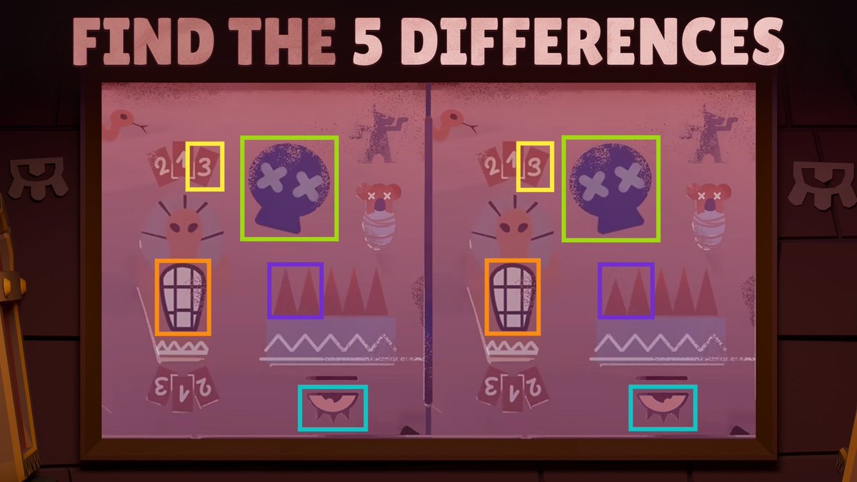 LavaF1r's tweet photo. @BrawlStars 🟩 > The skull is turned around

🟨 > The number 3 is written differently

🟧 > The window dividing line is shifted

🩵 > The eye has a different shine

🟪 > One spike is shorter than the others

#EscapePyramidQuest 
#BrawlStars https://t.co/ZeCSAClGlN