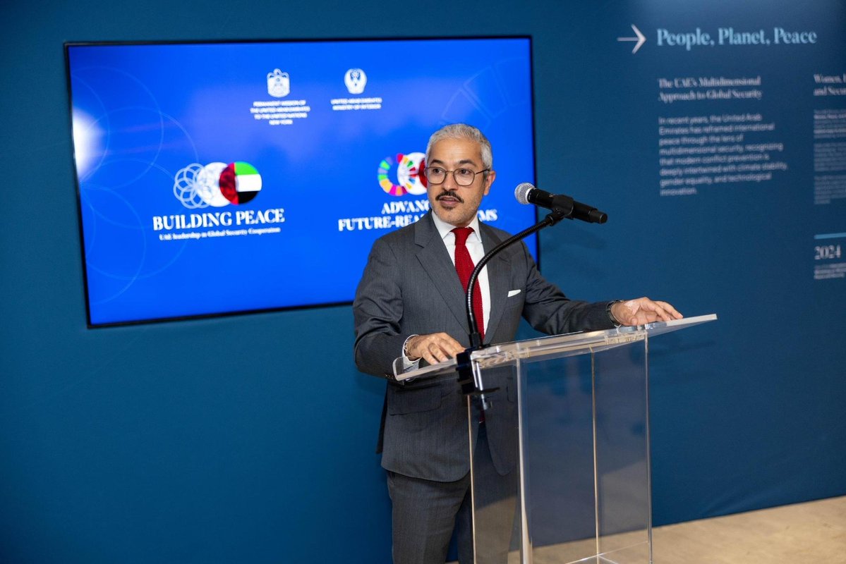 UAEMissionToUN's tweet photo. Highlights of the UAE’s 🇦🇪 participation, represented by @moiuae, during the 5th United Nations Chiefs of Police Summit (UNCOPS) 2026 in New York. 

Through high-level events and engagements, the UAE brought together partners and stakeholders to advance dialogue on the future of policing, promote responsible AI in policing, advance language training for peacekeeping, strengthen gender-responsive policing, and foster global security cooperation.

The UAE will continue to strengthen partnerships, build police capabilities, and support safer, more resilient communities worldwide.

#UNCOPS2026 #UNPOL #Peacekeeping