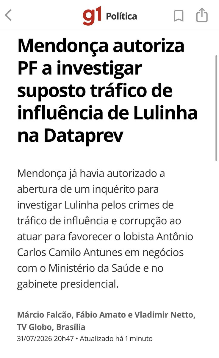 fabifbbr's tweet photo. Ministro André Mendonça acaba de autorizar a segunda investigação do Lulinha, há indícios de tráfico de influência na Dataprev, segundo a PF. https://t.co/aa0SrTl0vX