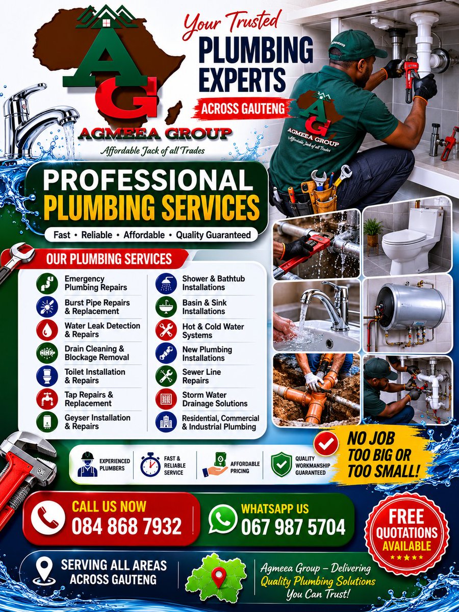 AGMEEA1's tweet photo. #AGMEEAGroup #PlumbingServices #EmergencyPlumber #24HourPlumber #GeyserInstallation #BathroomRenovation #LeakDetection #BlockedDrains #CommercialPlumbing #ResidentialPlumbing #IndustrialPlumbing #MaintenanceServices #ReliablePlumbers #PropertyMaintenance #Pretoria #Johannesburg https://t.co/6Fjc82T4GQ