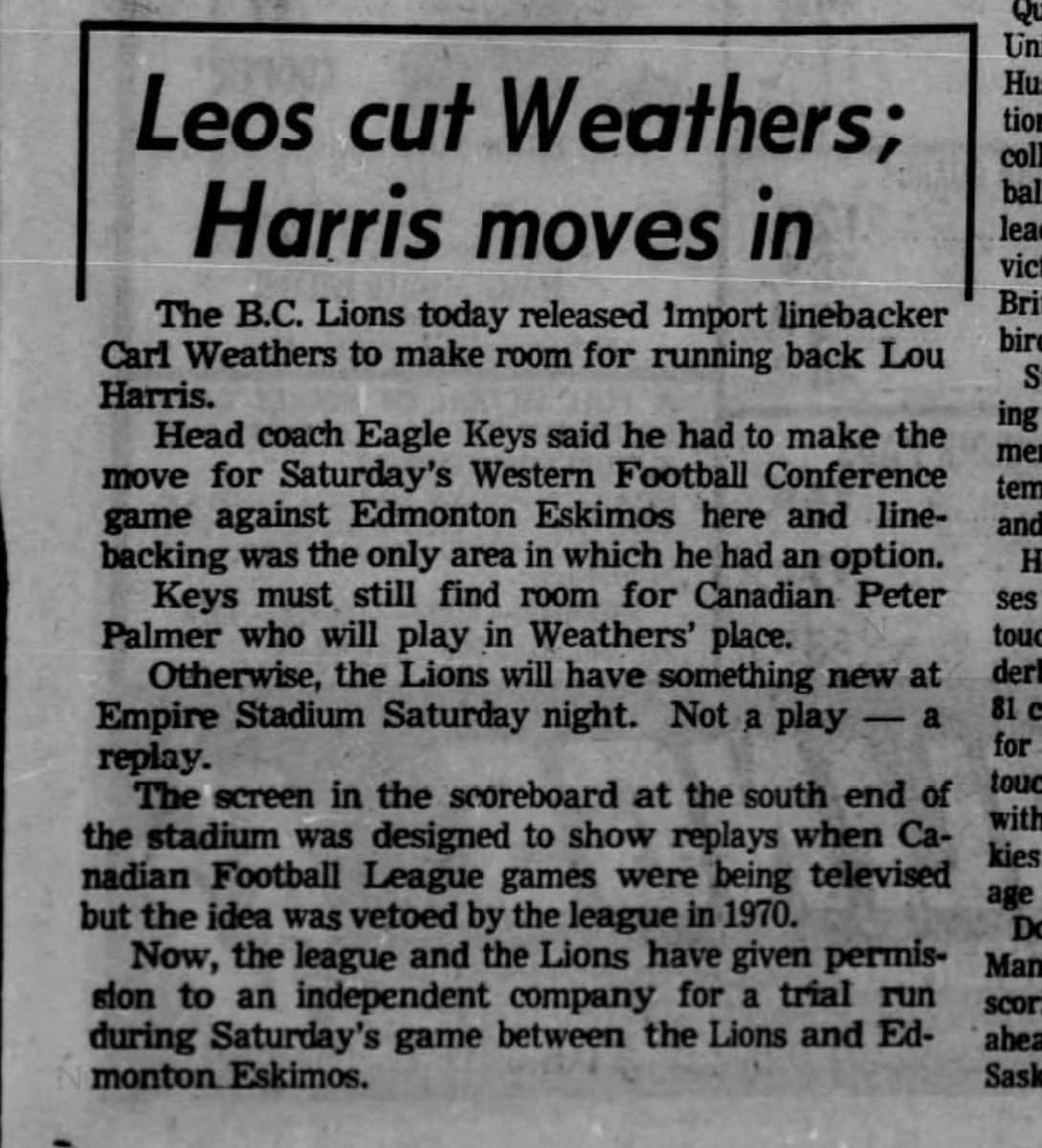 oldcanadaseries's tweet photo. The Vancouver Sun reporting on the BC Lions cutting linebacker, Carl Weathers, in 1973. Weathers would go on to play Apollo Creed in Rocky. 🇨🇦 https://t.co/98aNIOUl4k