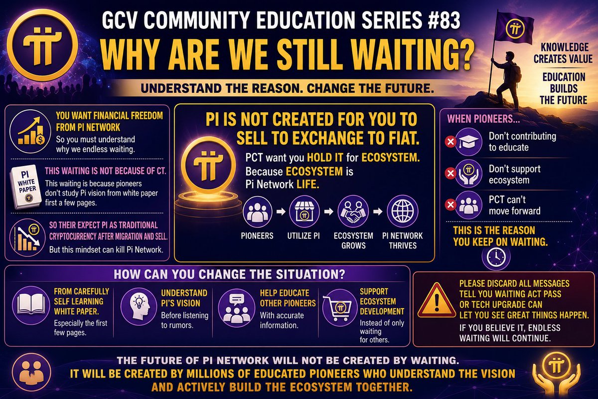 PurpleLotusGCV's tweet photo. GCV Community Education Series #83

Why Are We Still Waiting?

Many pioneers say they want financial freedom through Pi Network fully OM. 

But before asking "When?", you should first ask:

"Why have we been waiting for so long?"

The answer is not  Core Team.

The reason is that too many pioneers have never seriously studied the Pi White Paper, especially its first few pages where Pi's vision, mission, and economic model are clearly explained.

Because they never understood Pi's vision, many pioneers still treat Pi like a traditional cryptocurrency. They believe that once their Pi is migrated, the first thing to do is sell it for fiat currency. And this is the reason they don't believe GCV.  GCV is not for you exchange to Fiat.  GCV is measurement standard between Pi and other currency. 

This mindset is the greatest obstacles to Pi Network's long-term success. Currently migration has been slow because of pioneers wrong mindset. 

Pi was not created for pioneers to sell on exchanges for fiat money.

The Pi Core Team wants pioneers to hold, use, and circulate Pi within the ecosystem, because the ecosystem is the life of Pi Network.

Without a strong ecosystem, Pi cannot achieve its long-term mission.

When pioneers refuse to study, refuse to educate others, and refuse to support ecosystem development, the Core Team cannot let all pioneers migration and move the ecosystem forward as effectively as everyone hopes.

This is the major reasons why so many pioneers continue waiting.

How Can We Change This Situation?

The answer begins with yourself.

Carefully study the Pi White Paper, especially the first few pages.

Understand Pi's vision before listening to rumors.

Help educate other pioneers with accurate information by reposting correct information. 

I see a lot of pioneers post fake news,  misleading information using Dr. Nicolas Kokkalis and Dr Chen Diao Fan AI video and images.  And they attract huge amount pioneers and these pioneers assume those information are real.  This is biggest problem prevent our financial freedom. 

Support ecosystem development instead of only waiting for others.

Please stop believing messages that tell you all you need to do is wait for a technical upgrade, Some Act , or another Core Team announcement before everything will suddenly become wonderful.

If you continue believing that someone else will create your future while you simply wait, the waiting may never end.

The future of Pi Network will not be created by waiting.

It will be created by millions of educated pioneers who understand the vision and actively build the ecosystem together.

Knowledge Creates Value.
Education Builds the Future.

Doris Yin 🪷 🪷🪷