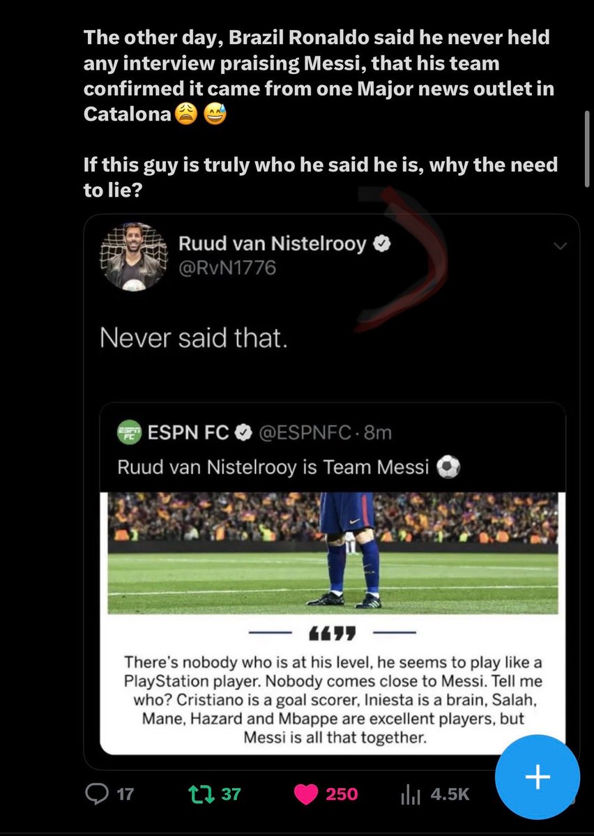 samadine97's tweet photo. @Uodinas Messi fans are know to be pushing misinformation,,this was d same tin dey did to Brazil Ronaldo that e came out to debunk and even van nistelrooy also came out to debunk,,,na by force to be goat😂😂 https://t.co/yarErtPkku