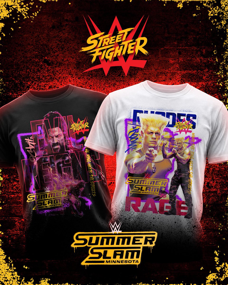 WWEShop's tweet photo. Two icons. One legendary crossover. The WWE x Street Fighter SummerSlam tees have arrived. Shop yours now at #WWEShop #WWE 🛒: https://t.co/o4ZIoxrwQB https://t.co/U51BDooJLd