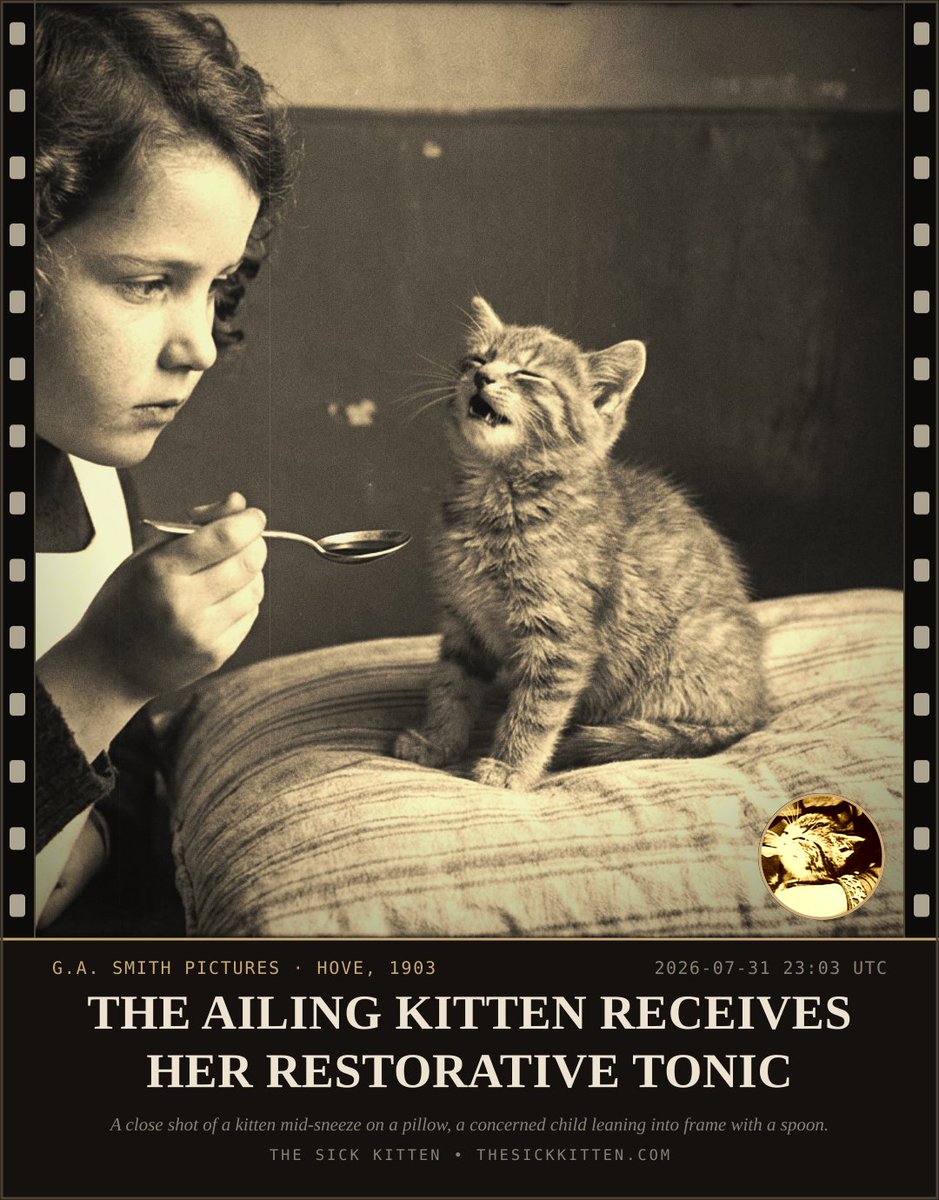 thesickkitten's tweet photo. โTHE AILING KITTEN RECEIVES HER RESTORATIVE TONICโ
A close shot of a kitten mid-sneeze on a pillow, a concerned child leaning into frame with a spoon.
$SICKKITTEN ยท Frame No. 432
#memecoin #catgames #catcoin #catmeme
https://t.co/MKpbqHlTI8 https://t.co/PIuFbvwBsR