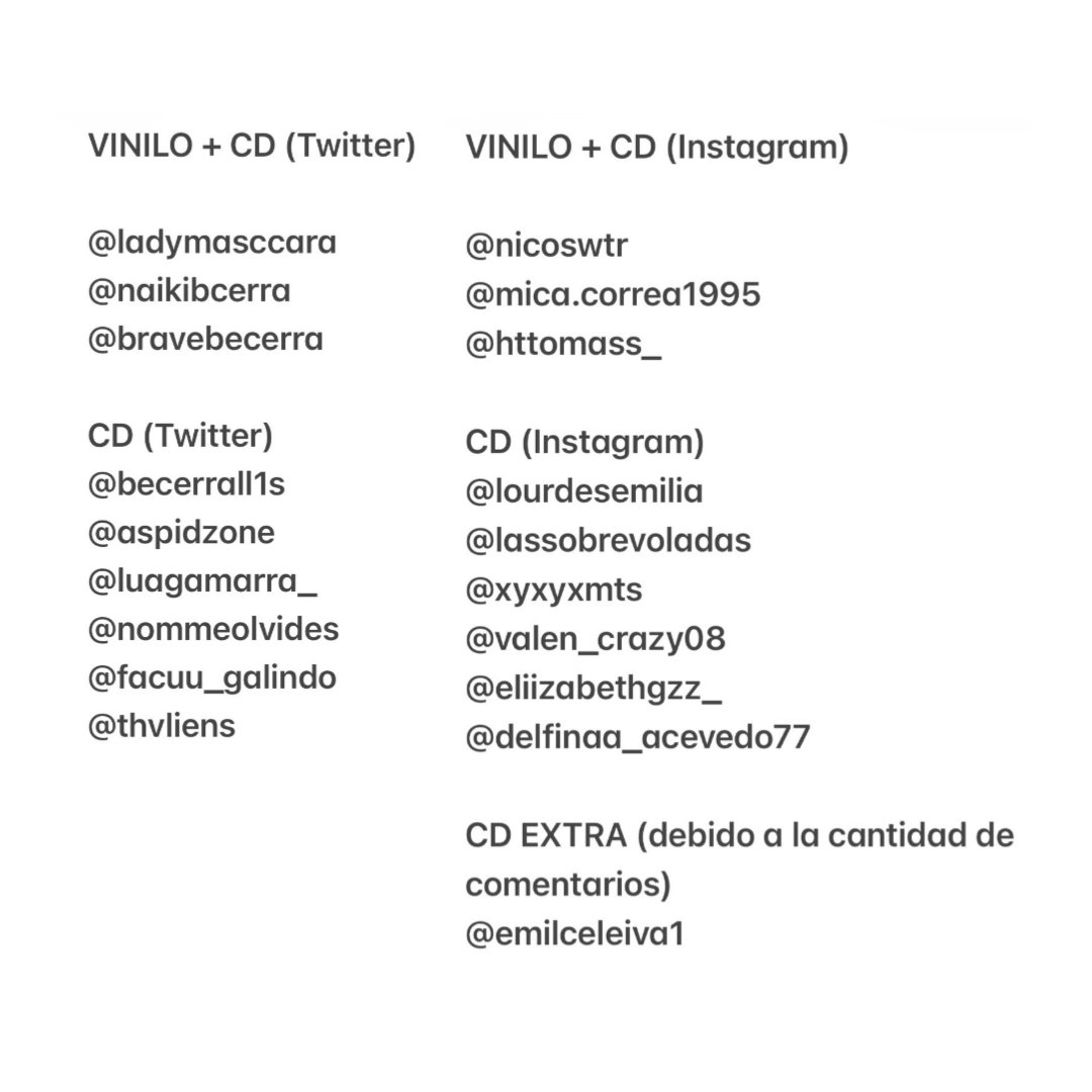 MBComunidad's tweet photo. GANADORES DEL VINILO + CD / CD DE LA NENA DE ARGENTINA 🇦🇷

Felicitaciones! Gracias a todos por siempre participar. Que lo disfruten 🫶🏻

Nos comunicaremos con los ganadores por MD. https://t.co/INJYEX1L35