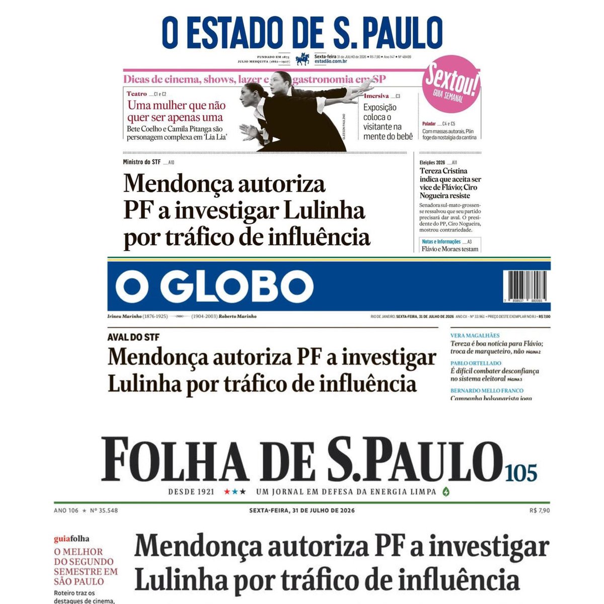 Sinhooliveira84's tweet photo. @WaimiriAtroari8 A mesma manchete nos três principais jornais impressos do Brasil, coincidência? https://t.co/6uCzZdHCqM