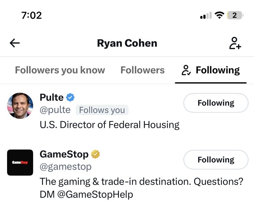 ThePPseedsShow's tweet photo. LATEST 

RYAN COHEN IS FOLLOWING BILL PULTE NOW 

BOOOOMSKIIIIII https://t.co/Y9vkmdplkO
