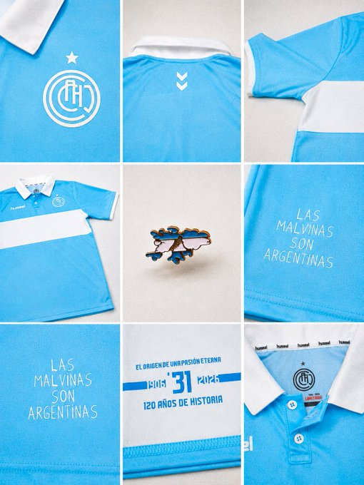 somoscorta's tweet photo. Chacarita Juniors lanzó la reversión de su camiseta de 1931 por los 120 años del club con la inscripción "Las Malvinas son Argentinas" con la tipografía de la bandera que levantaron los jugadores de la Selección en el Mundial.
