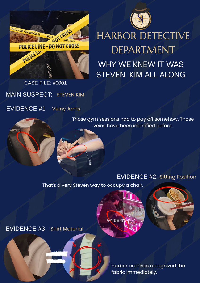 StejayHarbor's tweet photo. 🚨 CASE FILE #001: CLOSED. 🚨

The Harbor Detective Department is proud to announce that our very first investigation has been successfully concluded.

After hours of highly sophisticated detective work, including pixel enhancement, shirt comparisons, suspiciously familiar pants, signature sitting posture analysis, and beverage forensics, we came to one conclusion:

It was Steven Kim all along.

We were fully prepared to keep the investigation going with more exhibits and increasingly questionable detective methods... then JL kindly submitted the final piece of evidence himself. 😭

⚓ THE PLEDGE MISSION ⚓

While our investigation was unfolding last night, Harbor detectives started making a deal:

"If the mystery companion really turns out to be Steven Kim, I'll donate to JL's KWDA Voting Fund."

By the end of the night, our detectives had collectively pledged over ₱20,000.

Now that the case has officially been solved, it's time to honor those pledges.

And if you've always wanted the mystery companion to be Steven too (well... congratulations 😭) and would like to join this little mission, send a message to STEJAY Harbor! Every peso collected through this pledge drive will go directly to JL's KWDA Voting Fund to support him.

⚠️ Disclaimer: 
This case file was created purely for fun and entertainment. All "evidence" was part of a lighthearted fandom joke and was never intended to encourage speculation or invade anyone's privacy. We honestly thought we'd have more time to investigate... but JL decided to upload the answer key before we could even prepare Part 2.

Case File #001: Officially Closed. ✅

STEJAY HARBOR WORKS HARD BUT STEVEN KIM WORKS HARDER

Harbor Detective Department ⚓️🧵🤍
Professionally unqualified. Delusionally dedicated.