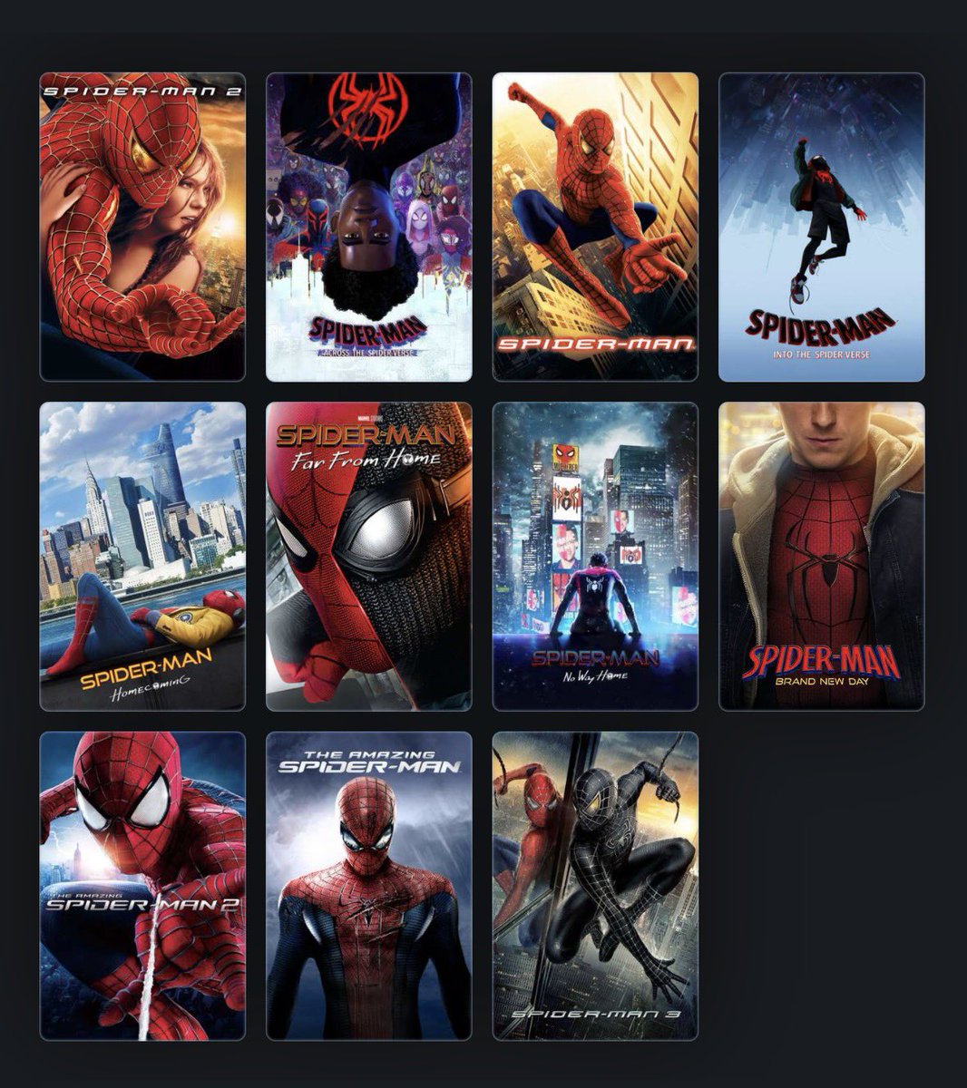 WeDemBoies's tweet photo. Where I’m at personally post-Brand New Day. I like them all! Could use a rewatch for a few of them though; Spider-Man 3 I haven’t watched in almost 20 years. https://t.co/JFwnETGqpk