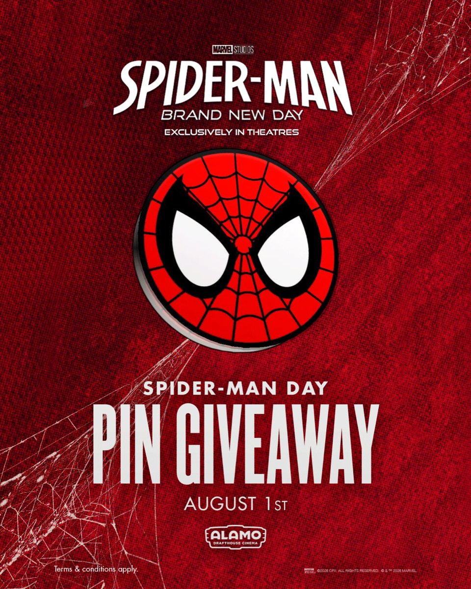 drafthouse's tweet photo. Swing into your friendly neighborhood Alamo Drafthouse on SPIDER-MAN DAY (8/1) and score a free BRAND NEW DAY collectible pin with your ticket purchase, only while supplies last. Tickets here: https://t.co/56JAeQu1Xq. https://t.co/a4WI0TViP4
