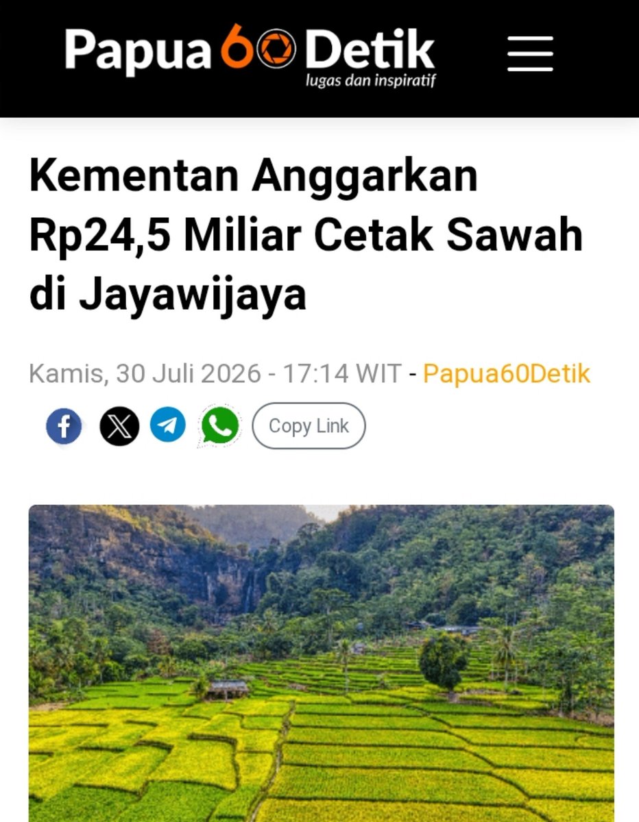 Penyair_Berdiri's tweet photo. Program cetak sawah rakyat yang secara simbolis telah diluncurkan bupati pada 31 Juli 2026 di Kampung Wosi, Distrik Usilimo, Kabupaten Jayawijaya, ini bagus loh.

Dengan biaya per hektare sawah baru kurang lebih sebesar Rp35 juta, sehingga untuk 700 hektare dibutuhkan anggaran sebesar Rp24,5 miliar dari @kementan

SUKSES di WANAM merambah JAYAWIJAYA.