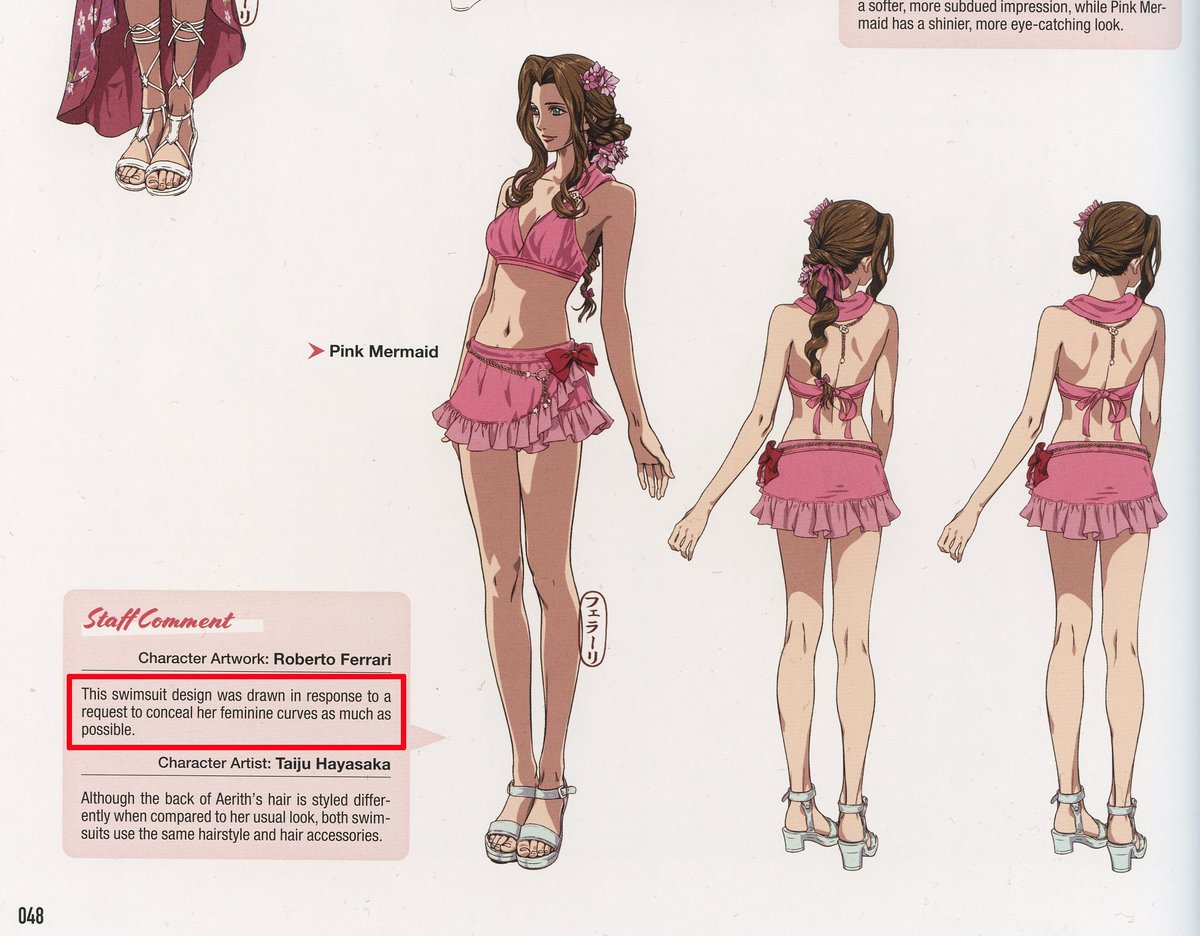 Scratch_Point_Z's tweet photo. Square Enix made sure their Final Fantasy VII swimsuit designs were toned down for people allergic to the female form in fiction & it's still not enough, which only goes to demonstrate that trying to appeal to their sensibilities in any capacity is a fool's errand. 

Not only does doing so fail to appease these types who need not be listened to in the first place, it alienates the original audience that enjoyed things as they were.

This neurotic focus on "ethics" in character attire is patently absurd & only serves to limit fantasy.