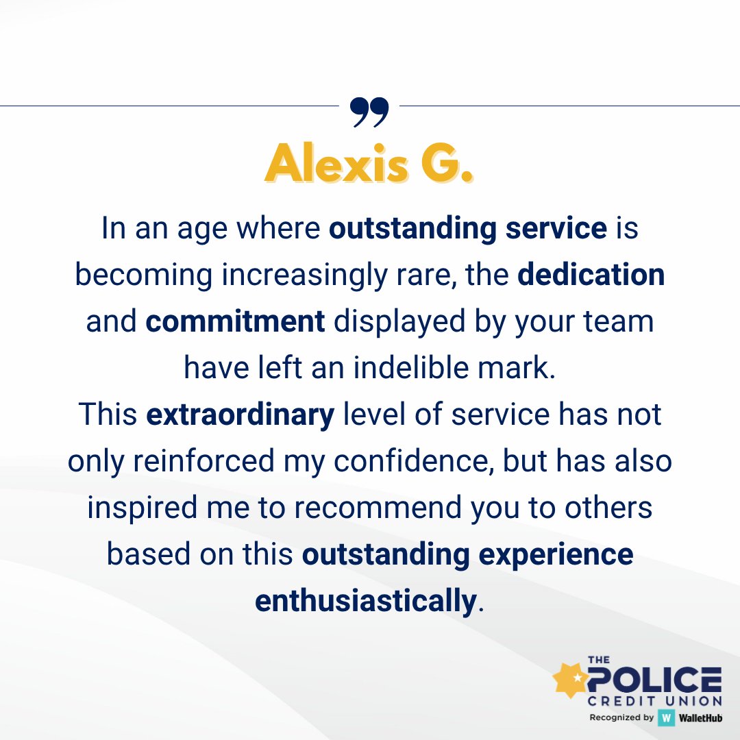 ThePoliceCU's tweet photo. Thank you, Alexis, for the incredible words of encouragement. We're honored to have earned your trust and even more thrilled that we've inspired you to share your experience with others. This is what drives us every day. #TogetherWeGrow #CreditUnionDifference #MemberAppreciation https://t.co/s9Go7w4X4v