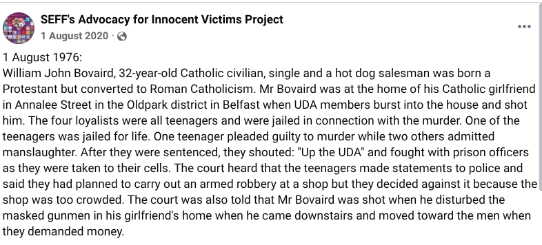 Hannyhas's tweet photo. #Remembered 1/8/1976, William (John) Bovaird, 32, Protestant, engaged, hot dog stand owner murdered by UDA, shot at Catholic girlfriend`s home, Annalee St, Oldpark, Belfast, N. Ireland. Wes Stewart, Ken Kelly &amp; 2 jailed. Claimed it was a robbery as "corner shop was too busy" #OTD https://t.co/gqJz9zp0GG
