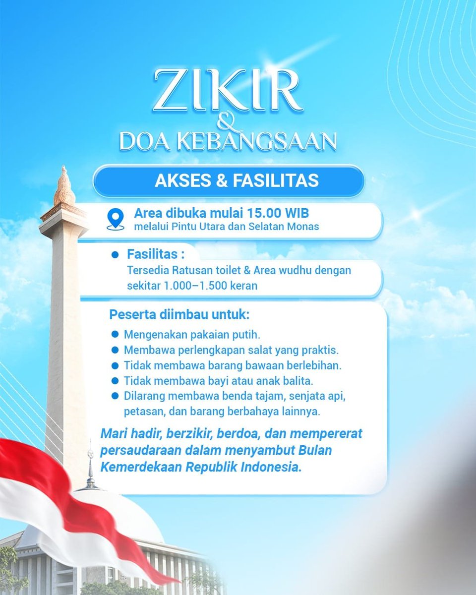 KemenkeuRI's tweet photo. Menyambut bulan kemerdekaan dan perayaan HUT ke-81 Republik Indonesia, sore ini akan diselenggarakan Zikir dan Doa Kebangsaan. Apa saja yang Temankeu perlu tahu? Cek infonya di bawah ini ya 👇 https://t.co/Al0lyOcxSu