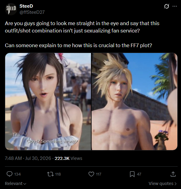 Scratch_Point_Z's tweet photo. Square Enix made sure their Final Fantasy VII swimsuit designs were toned down for people allergic to the female form in fiction & it's still not enough, which only goes to demonstrate that trying to appeal to their sensibilities in any capacity is a fool's errand. 

Not only does doing so fail to appease these types who need not be listened to in the first place, it alienates the original audience that enjoyed things as they were.

This neurotic focus on "ethics" in character attire is patently absurd & only serves to limit fantasy.