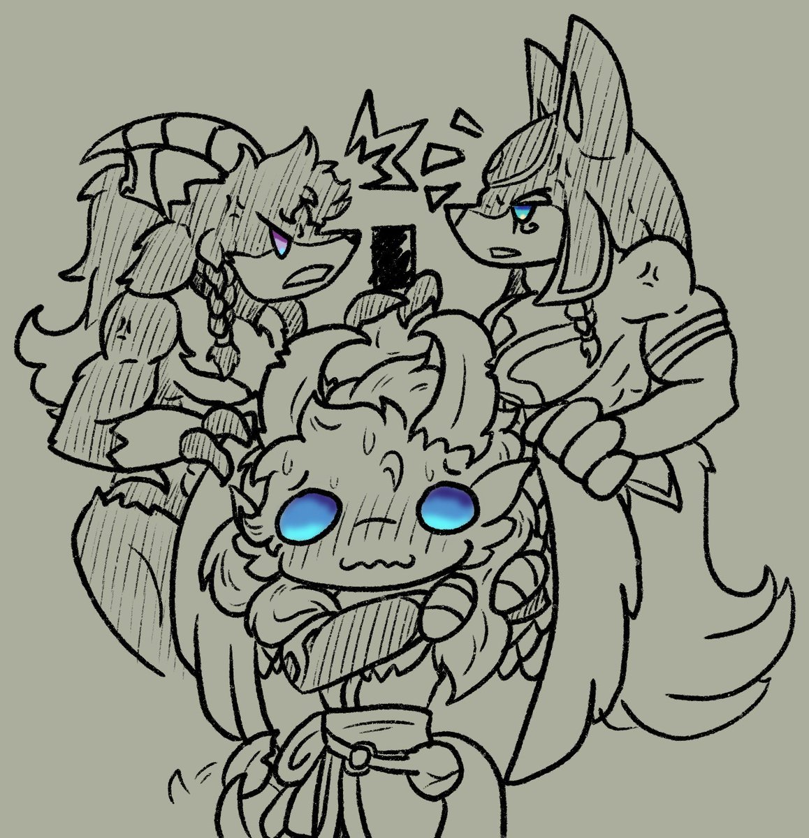 DraikoTDoggo's tweet photo. And an obligatory sketch of all three pals interacting >:3 #paloc #palworld #furryart #sketch https://t.co/Vm7q01XCEK