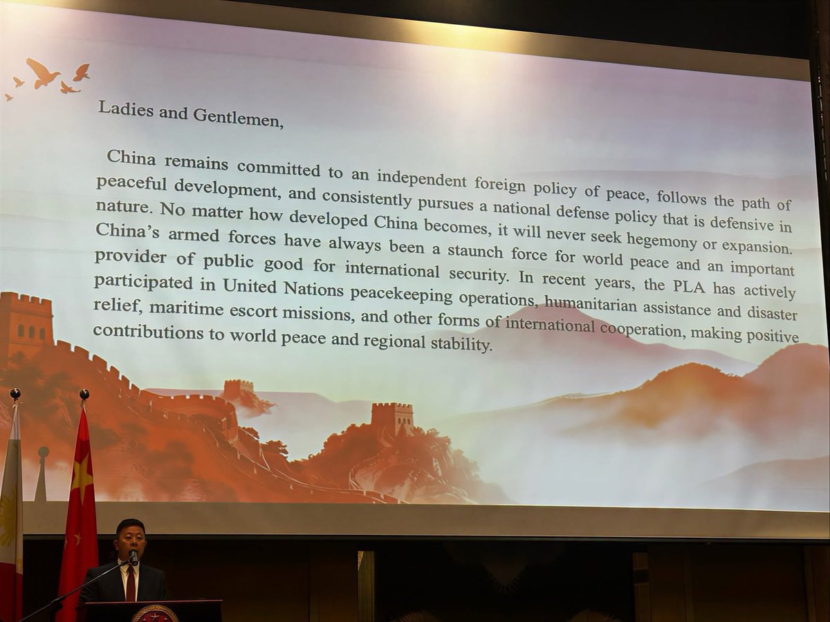 jaytaryela's tweet photo. Bilib talaga ako sa speech na ito — halatang galing sa puso! Sabi ni Amb. Jing Quan sa 99th Anniversary ng PLA, ang military daw nila ay “defensive in nature” at “will never seek hegemony or expansion.”

So ang harassment at panggigipit ng Chinese maritime forces sa mga Filipino fishermen, depensa lang pala ’yun? 

Ang militarization ng mga illegal structures na itinayo nila sa South China Sea, pangdepensa rin ba ’yun laban sa mas maliliit na bansa sa Southeast Asia — para hindi pumalag ang Vietnam, Malaysia, Brunei, Pilipinas, at Indonesia sa patuloy na paglapastangan sa kanilang sovereignty at sovereign rights? 

At ang tuloy-tuloy na pagpapalakas ng kanilang Navy, ibig sabihin ba nun ay ayaw nilang maging “hegemon” at gusto lang nila ng “world peace”?

Happy Anniversary sa PLA! Sana naman this time, hindi na nila mabangga ang sarili nilang mga barko habang nagpapatrol sa West Philippine Sea.