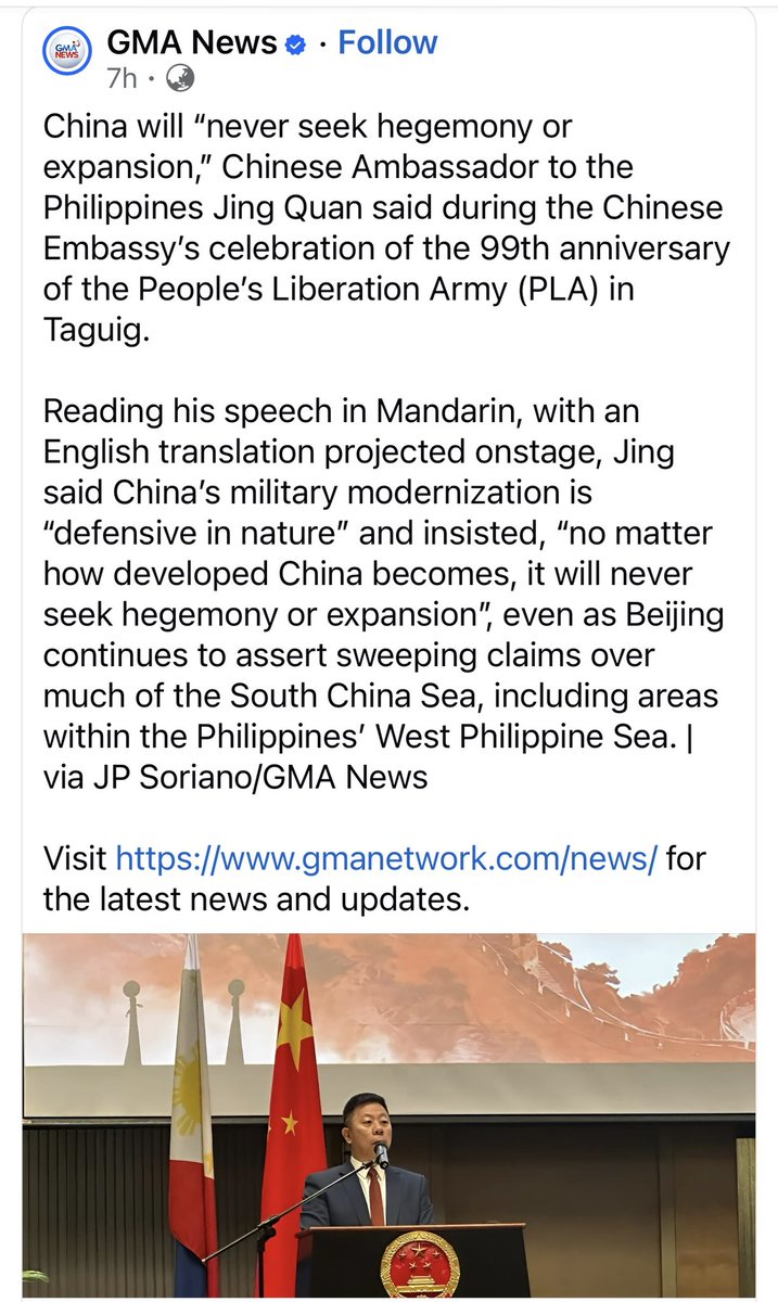 jaytaryela's tweet photo. Bilib talaga ako sa speech na ito — halatang galing sa puso! Sabi ni Amb. Jing Quan sa 99th Anniversary ng PLA, ang military daw nila ay “defensive in nature” at “will never seek hegemony or expansion.”

So ang harassment at panggigipit ng Chinese maritime forces sa mga Filipino fishermen, depensa lang pala ’yun? 

Ang militarization ng mga illegal structures na itinayo nila sa South China Sea, pangdepensa rin ba ’yun laban sa mas maliliit na bansa sa Southeast Asia — para hindi pumalag ang Vietnam, Malaysia, Brunei, Pilipinas, at Indonesia sa patuloy na paglapastangan sa kanilang sovereignty at sovereign rights? 

At ang tuloy-tuloy na pagpapalakas ng kanilang Navy, ibig sabihin ba nun ay ayaw nilang maging “hegemon” at gusto lang nila ng “world peace”?

Happy Anniversary sa PLA! Sana naman this time, hindi na nila mabangga ang sarili nilang mga barko habang nagpapatrol sa West Philippine Sea.