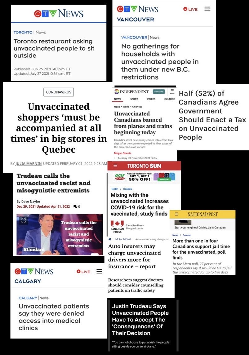 ryangerritsen's tweet photo. One of the biggest contributors to the unwarranted hatred of unvaccinated Canadians was the media. We can’t forget the enormous roll they played in twisting the minds of fearful Canadians to hate us. 
And they continue to keep the population divided, fearful & distracted to this day. 
There is no doubt they have caused immense harm to democracy & the minds of so many. 
These are just some of the headlines I saved from that time.