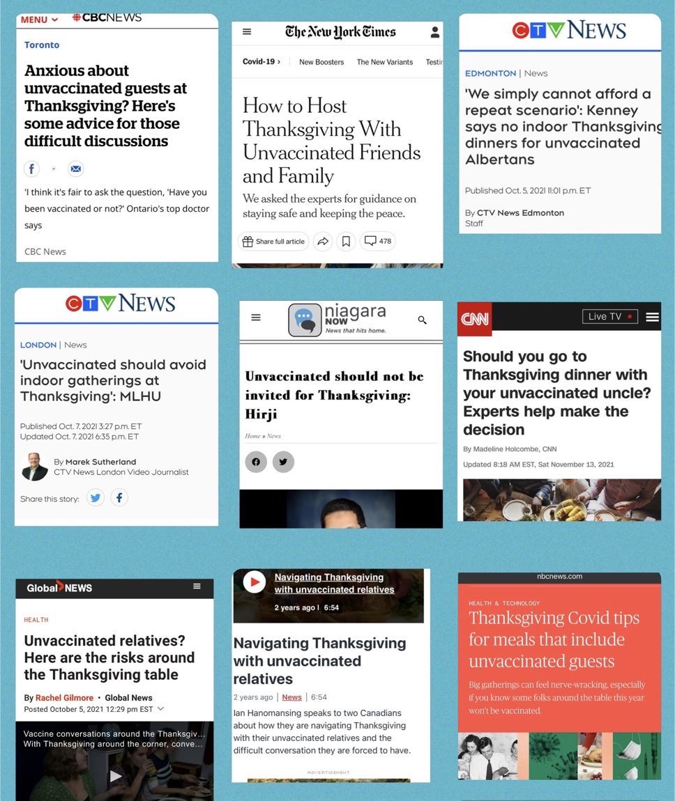 ryangerritsen's tweet photo. One of the biggest contributors to the unwarranted hatred of unvaccinated Canadians was the media. We can’t forget the enormous roll they played in twisting the minds of fearful Canadians to hate us. 
And they continue to keep the population divided, fearful & distracted to this day. 
There is no doubt they have caused immense harm to democracy & the minds of so many. 
These are just some of the headlines I saved from that time.