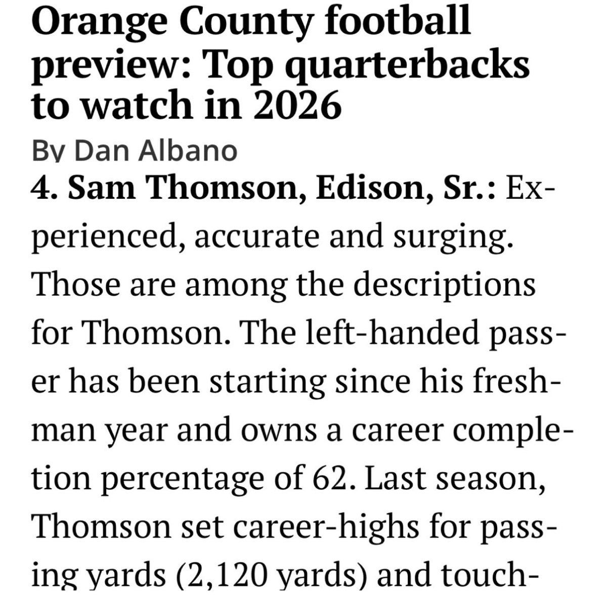 samthomson09's tweet photo. Humbled to be ranked the fourth best quarterback in Orange County. All other of the 11 Quarterbacks hold division 1 offers. Grateful to be ranked in elite company! Work doesn't stop! Thank you @ocvarsityguy https://t.co/kuM1j61goV