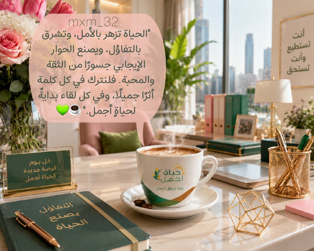 mxm_32's tweet photo. @EalamNorth @tgamgoom @ncnp_sa @media_ksa @HRSD_SA @ShmalNGOs @Council_of_CSA "الحياة تزهر بالأمل، وتشرق بالتفاؤل، ويصنع الحوار الإيجابي جسورًا من الثقة والمحبة. فلنترك في كل كلمة أثرًا جميلًا، وفي كل لقاء بدايةً لحياةٍ أجمل." ☕💚

🩷
@EalamNorth 
#حياة_أجمل_الحدود_الشمالية https://t.co/LajNXtKqEh