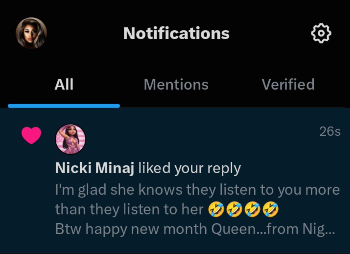 Luminary_Nicki's tweet photo. The Queen @NICKIMINAJ liked my comment...
Oh my God...
I'm shaking....😭😭❤️❤️❤️
I love you motherrrrrrr ❤️ https://t.co/4JLJId8YUD