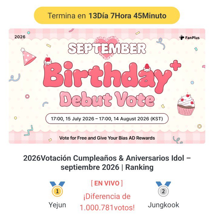 TK_Colombia_'s tweet photo. FanPlus 2026Votación Cumpleaños &amp; Aniversarios Idol – septiembre 2026 | Ranking

Participa en la votación de #FanPlus ¡y dale recompensas AD a tu bias! 🎁🎈

Actualmente ganando: ❓❔

🔻Consulta la clasificación actual🔻
https://t.co/cZ37puTBoK https://t.co/mGmTFG6IiO
